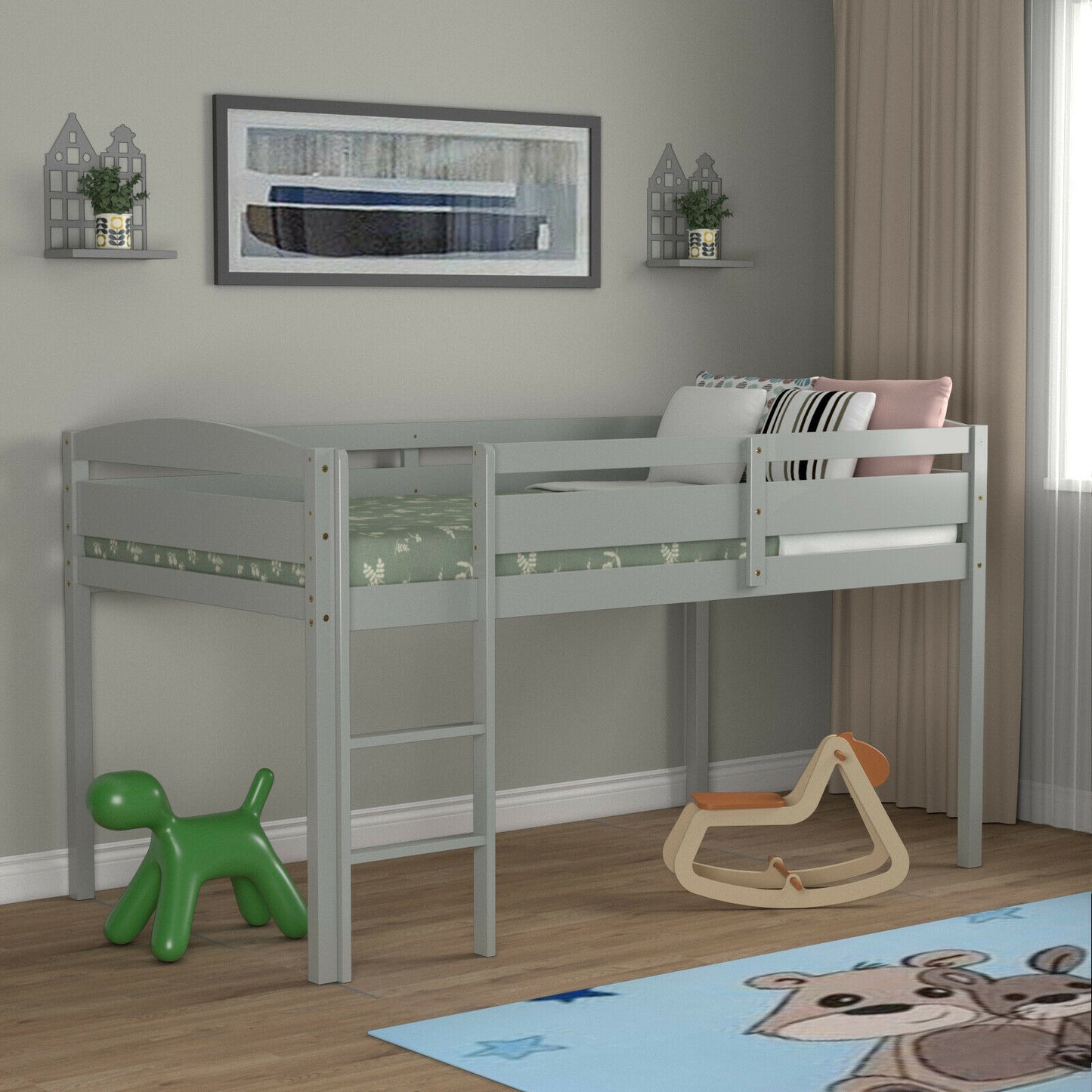 Solid Wood Twin Low Loft Bunk Bed with Guardrails and Easy Climb Ladder - Grey