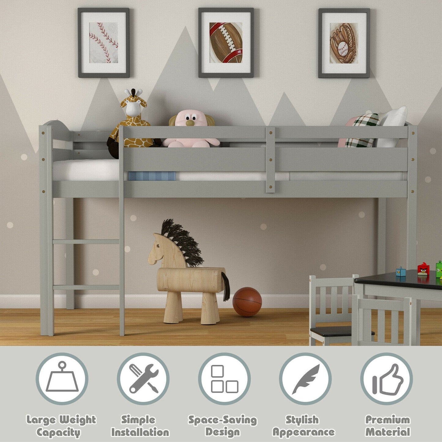 Solid Wood Twin Low Loft Bunk Bed with Guardrails and Easy Climb Ladder - Grey