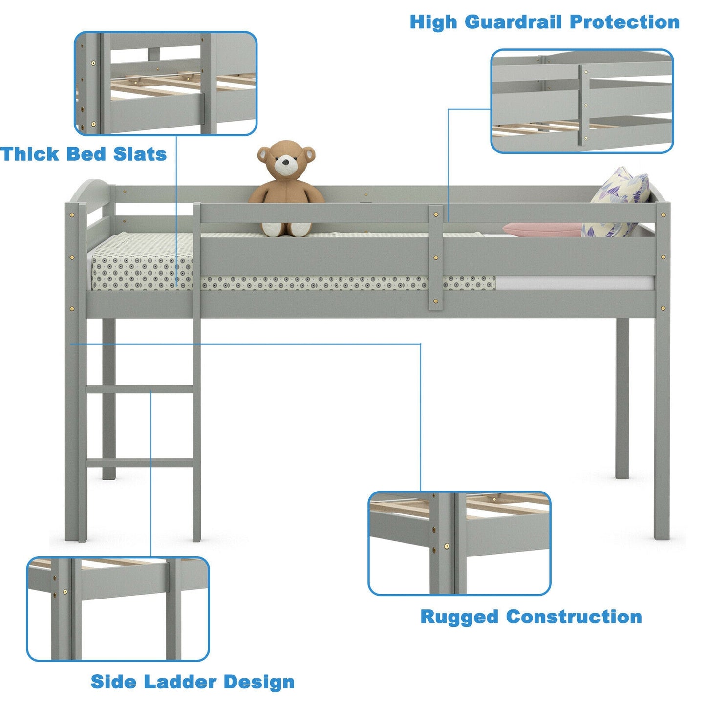 Solid Wood Twin Low Loft Bunk Bed with Guardrails and Easy Climb Ladder - Grey