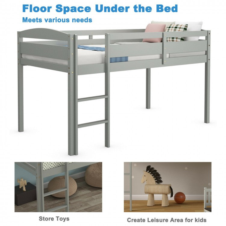 Solid Wood Twin Low Loft Bunk Bed with Guardrails and Easy Climb Ladder - Grey