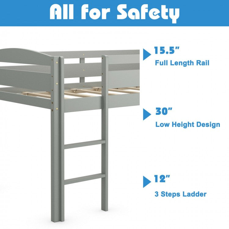 Solid Wood Twin Low Loft Bunk Bed with Guardrails and Easy Climb Ladder - Grey