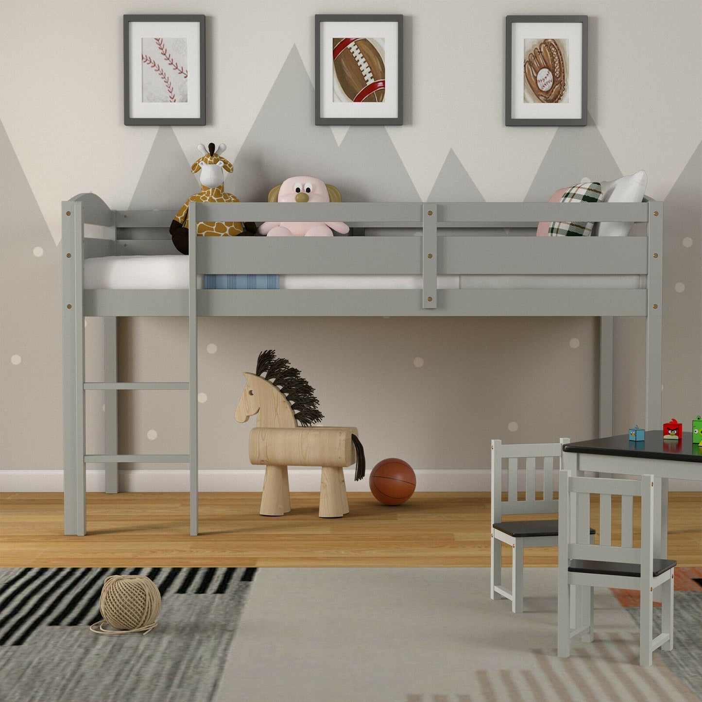 Solid Wood Twin Low Loft Bunk Bed with Guardrails and Easy Climb Ladder - Grey