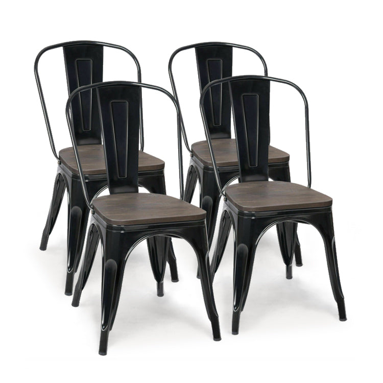 Set of 4 Stackable Metal and Wood Dining Chairs 18 Inch Seat Height - Black