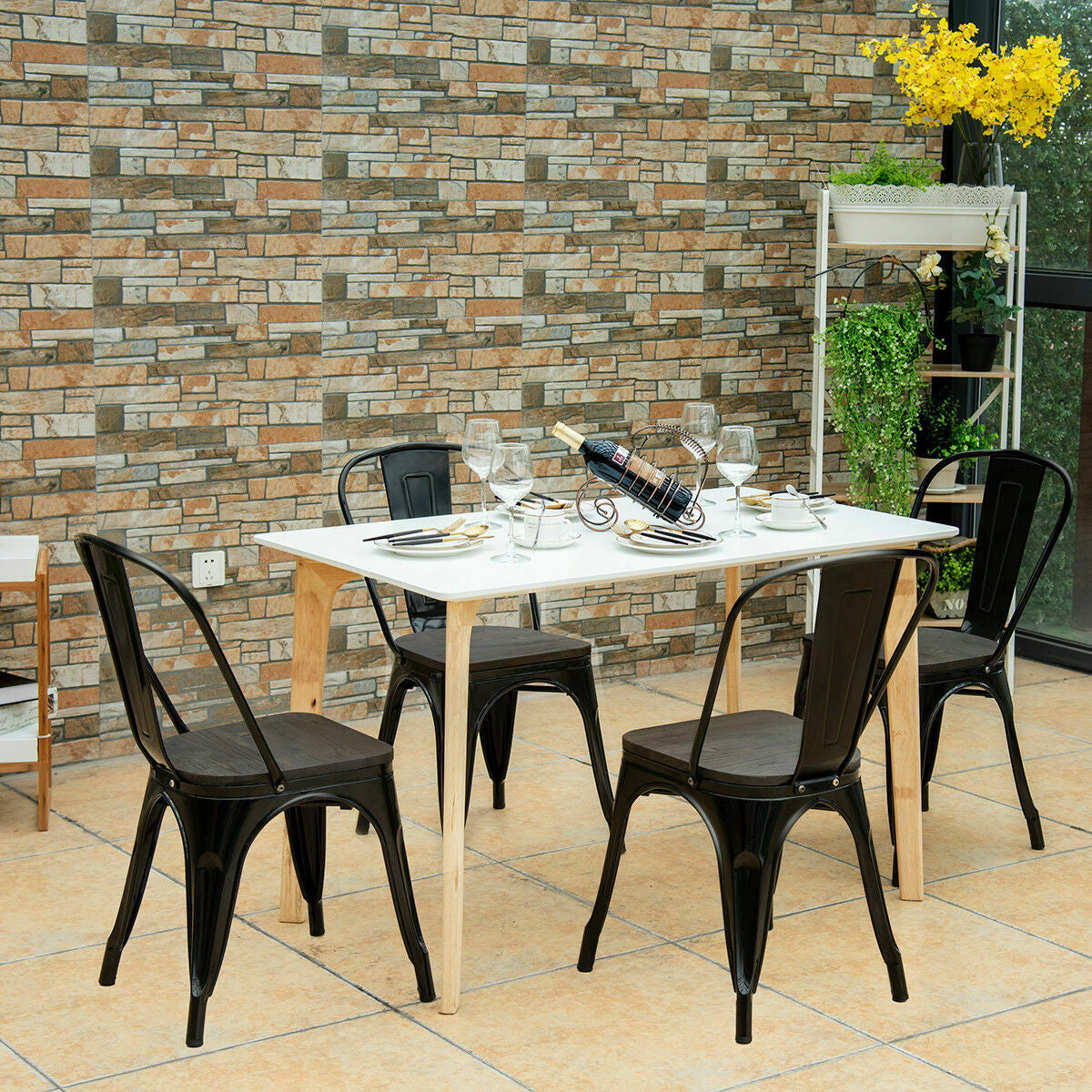 Set of 4 Stackable Metal and Wood Dining Chairs 18 Inch Seat Height - Black