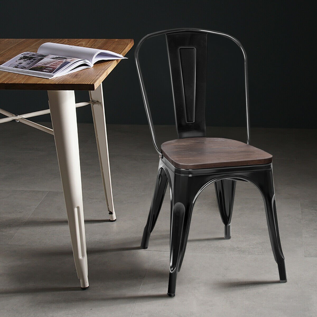 Set of 4 Stackable Metal and Wood Dining Chairs 18 Inch Seat Height - Black