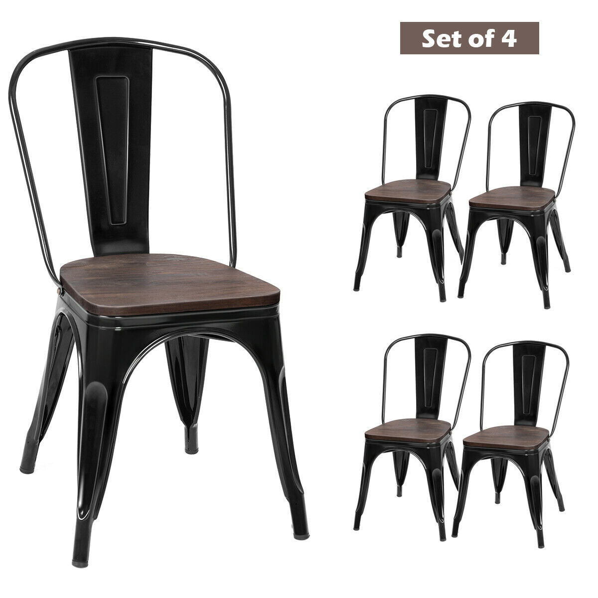 Set of 4 Stackable Metal and Wood Dining Chairs 18 Inch Seat Height - Black