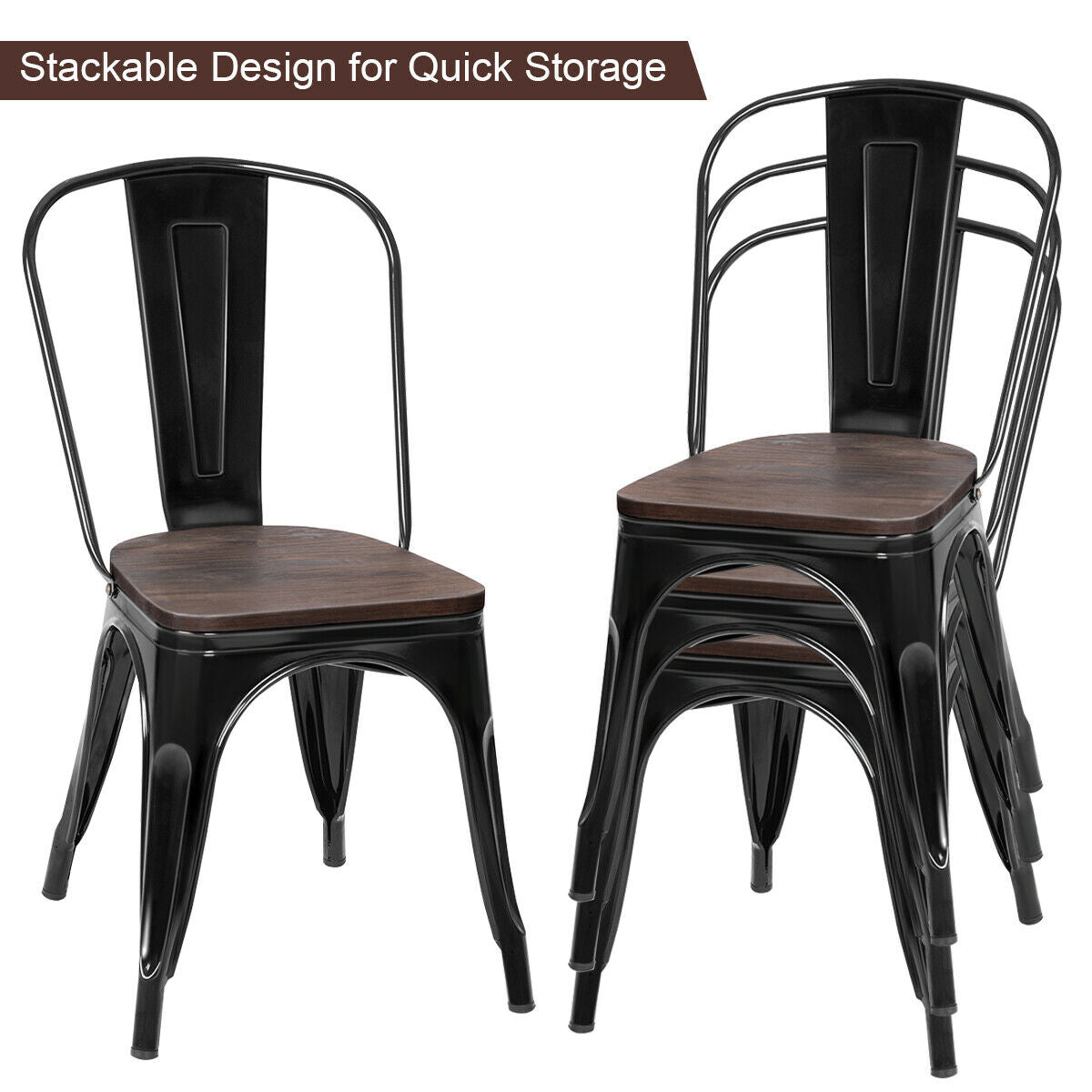 Set of 4 Stackable Metal and Wood Dining Chairs 18 Inch Seat Height - Black