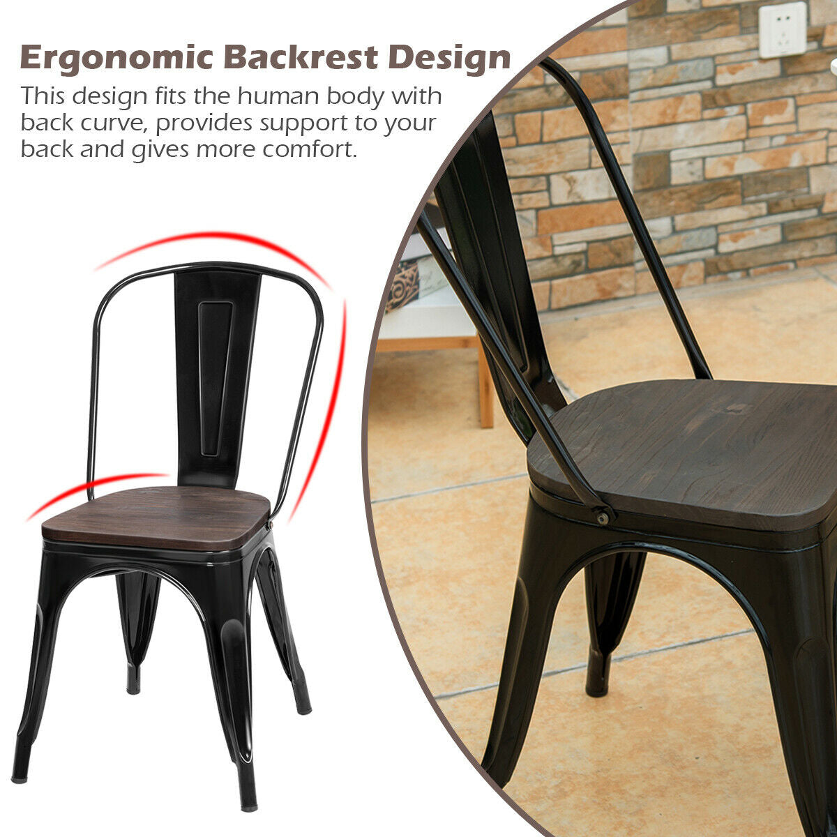 Set of 4 Stackable Metal and Wood Dining Chairs 18 Inch Seat Height - Black