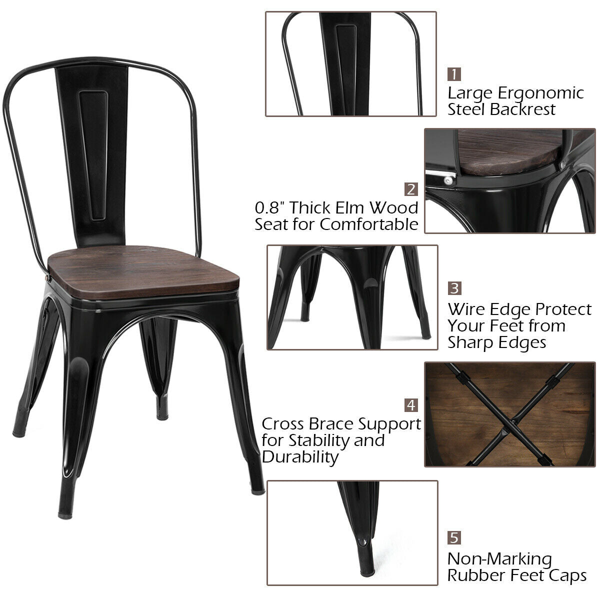 Set of 4 Stackable Metal and Wood Dining Chairs 18 Inch Seat Height - Black