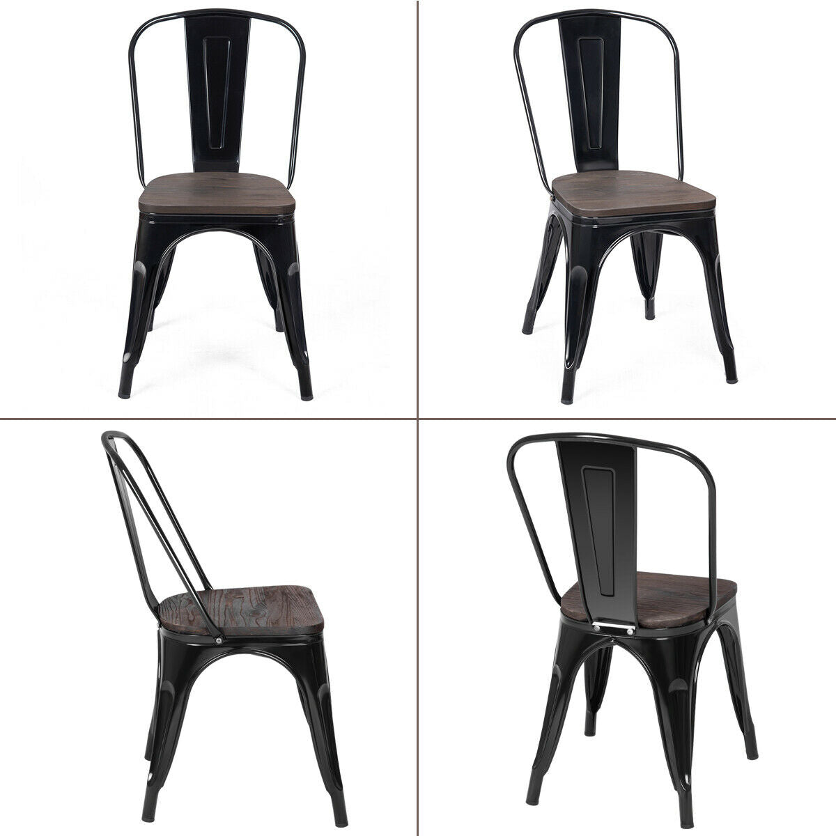 Set of 4 Stackable Metal and Wood Dining Chairs 18 Inch Seat Height - Black