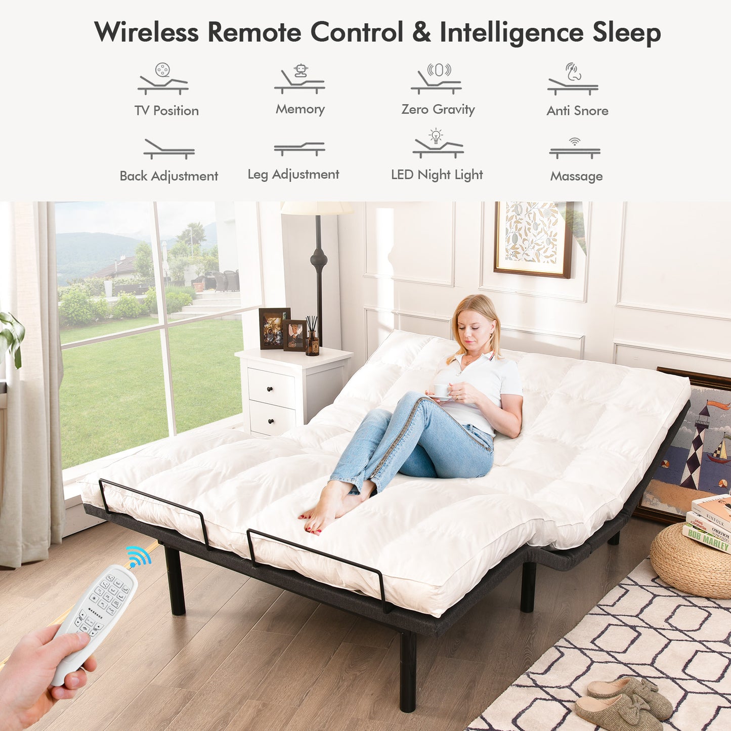 Queen Size Adjustable Electric Bed Frame with Massage Function & Customizable Positions