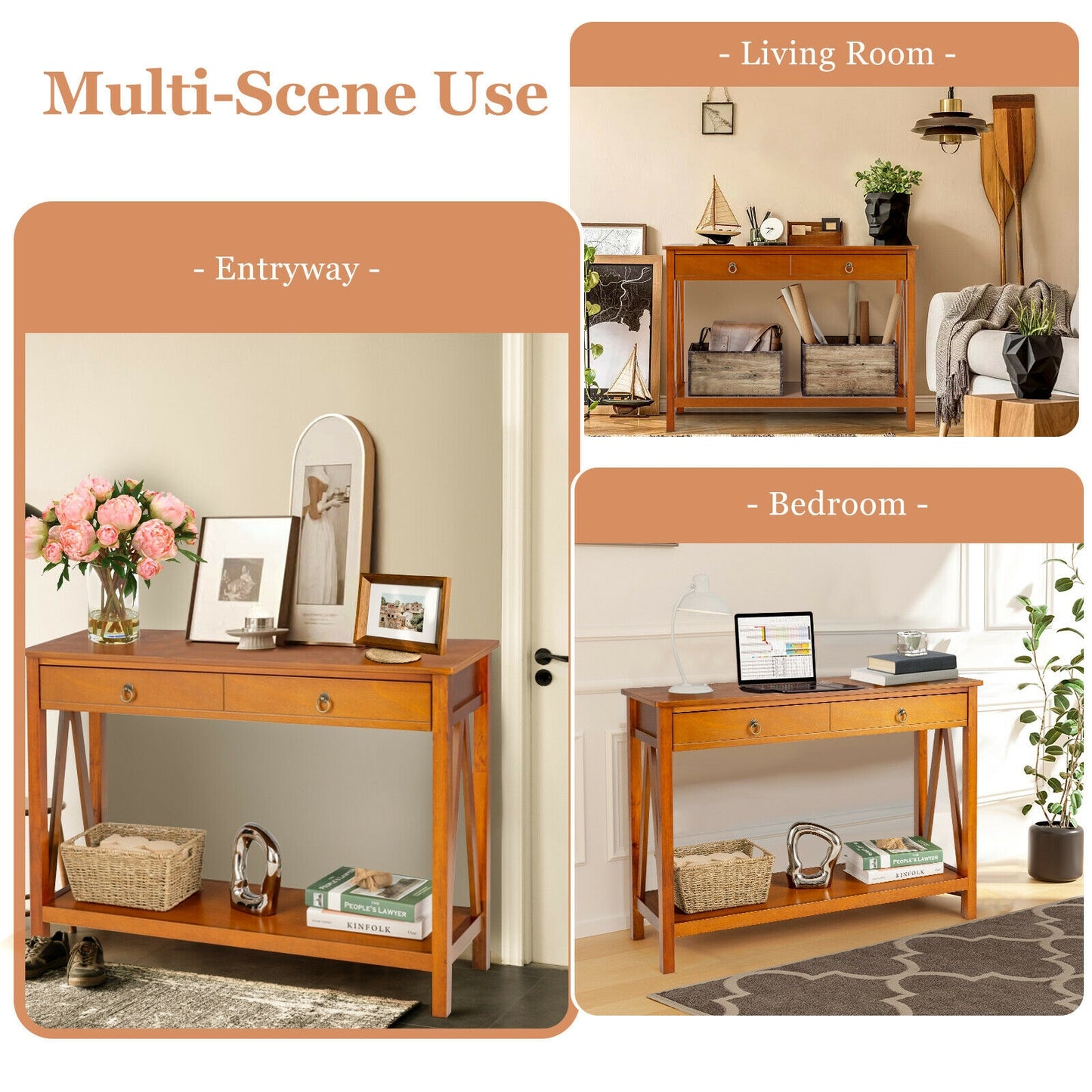 Modern Entryway Console Table with 2 Drawers and Open Storage Shelf – Natural