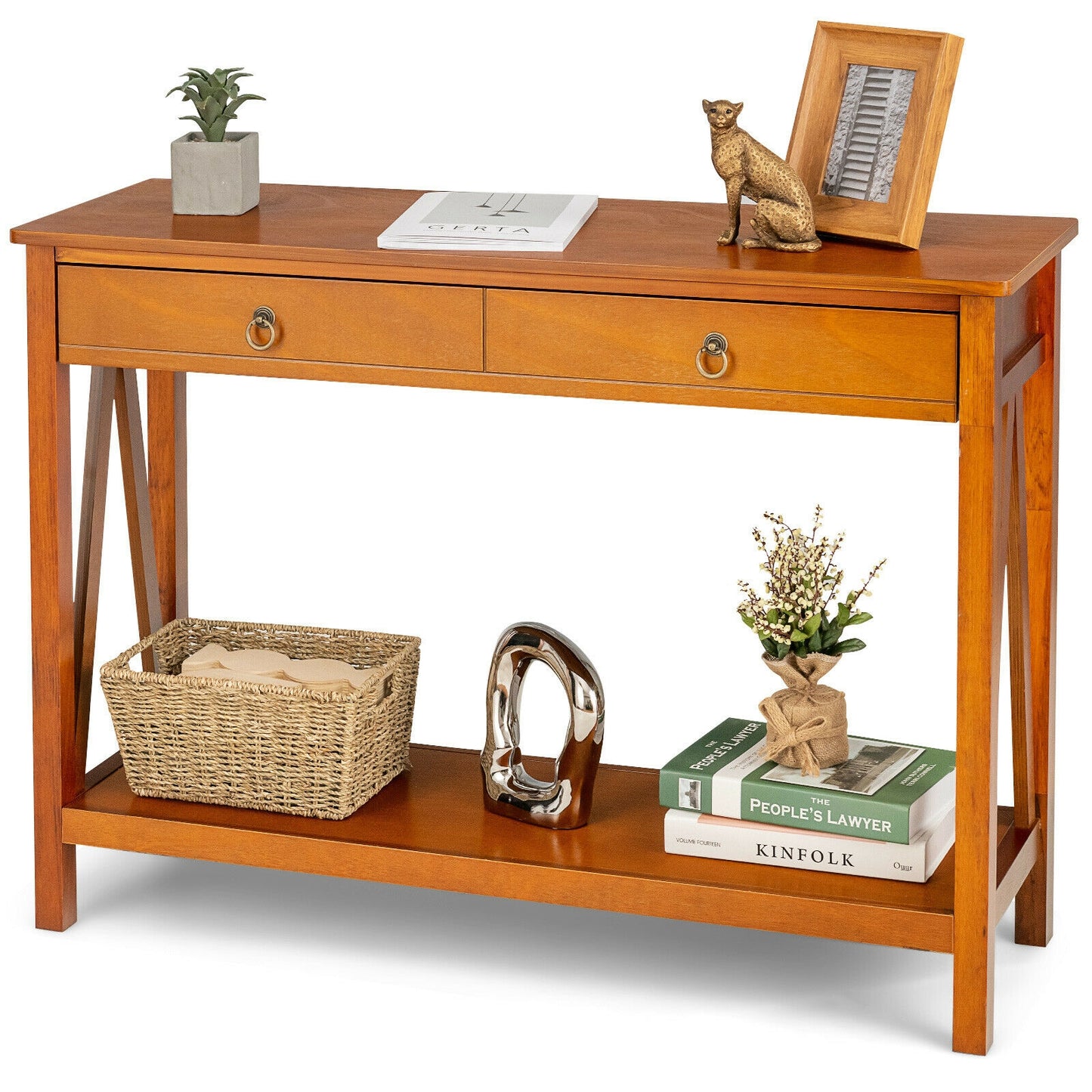 Modern Entryway Console Table with 2 Drawers and Open Storage Shelf – Natural