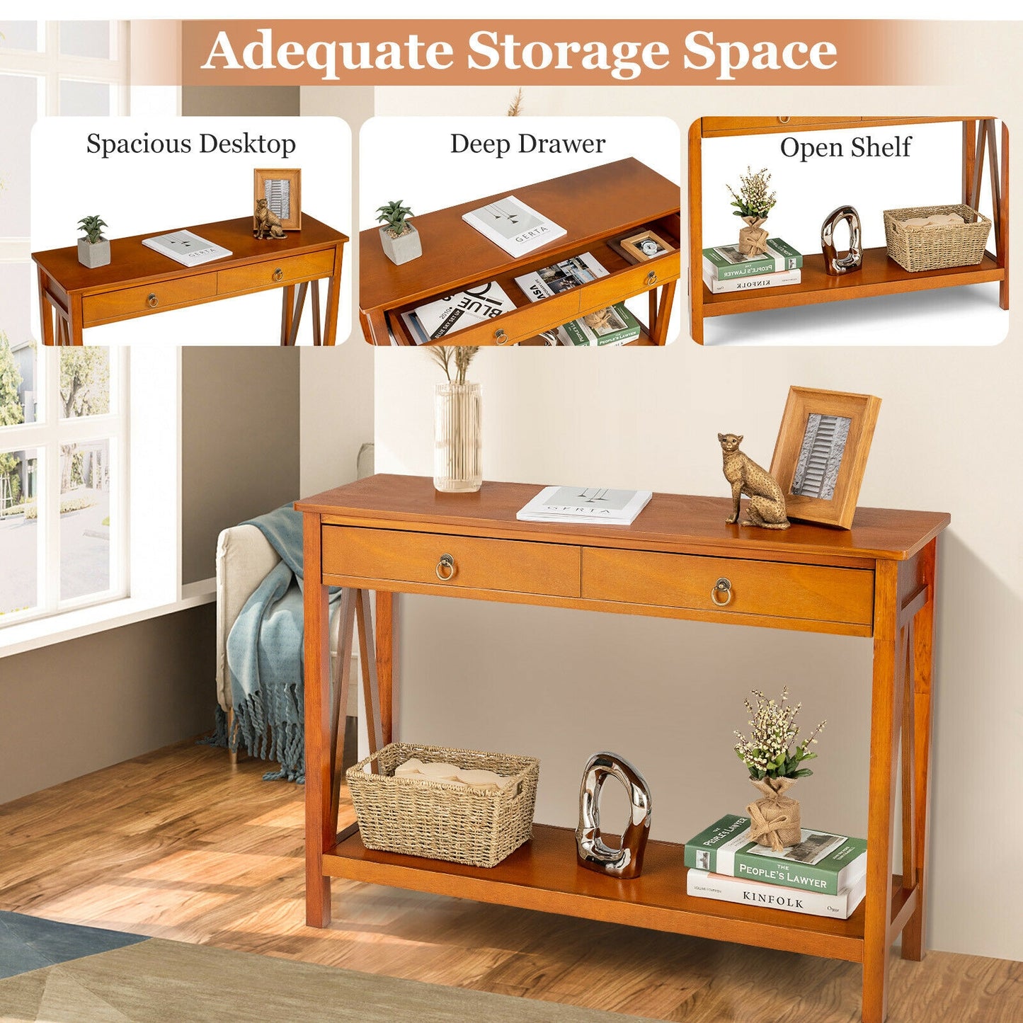 Modern Entryway Console Table with 2 Drawers and Open Storage Shelf – Natural