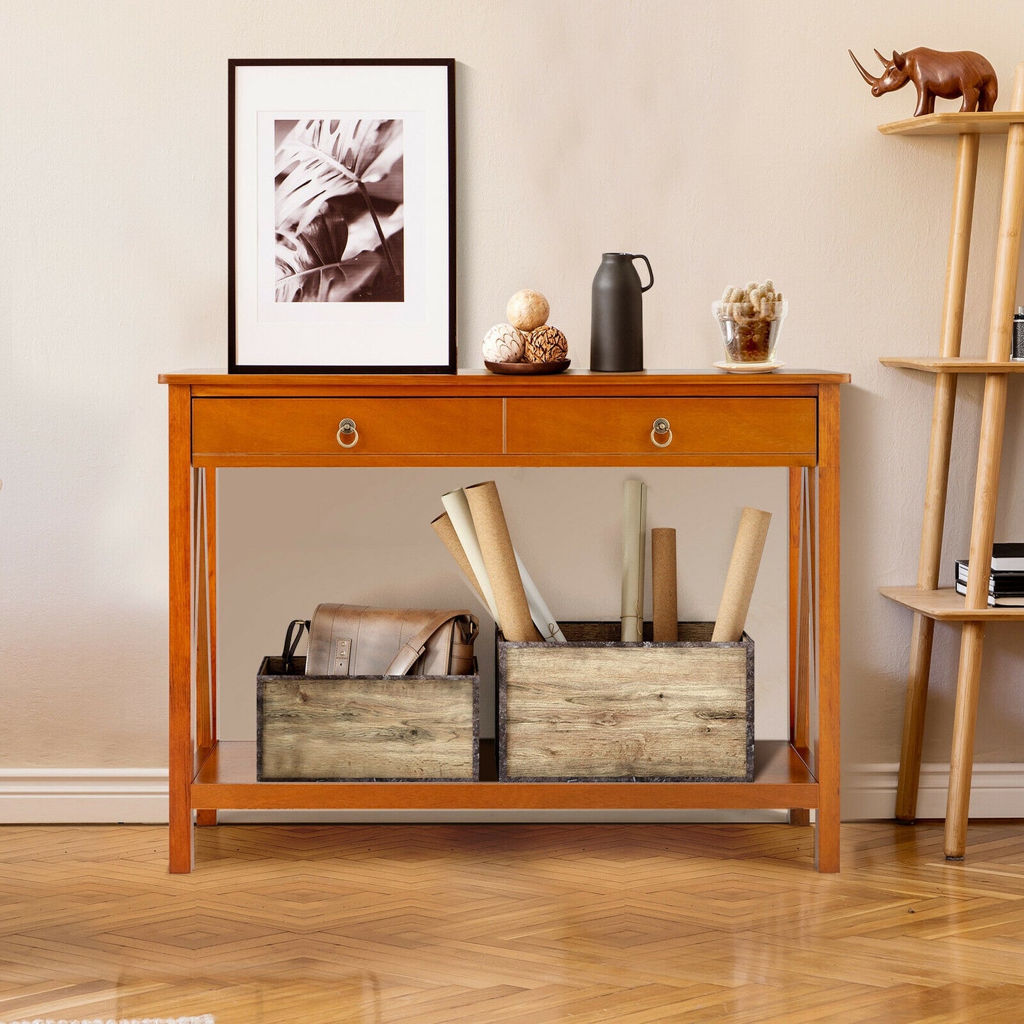 Modern Entryway Console Table with 2 Drawers and Open Storage Shelf – Natural