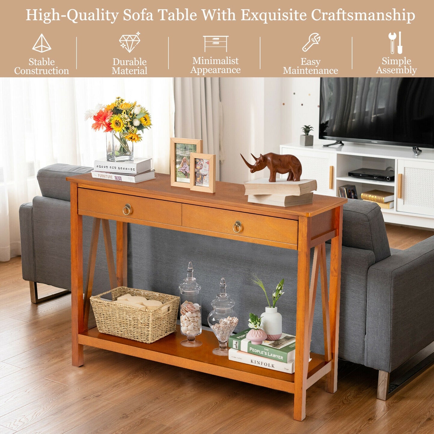 Modern Entryway Console Table with 2 Drawers and Open Storage Shelf – Natural