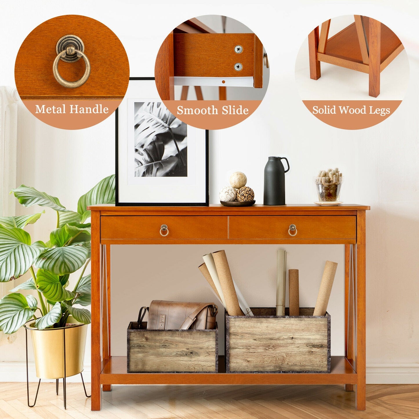 Modern Entryway Console Table with 2 Drawers and Open Storage Shelf – Natural
