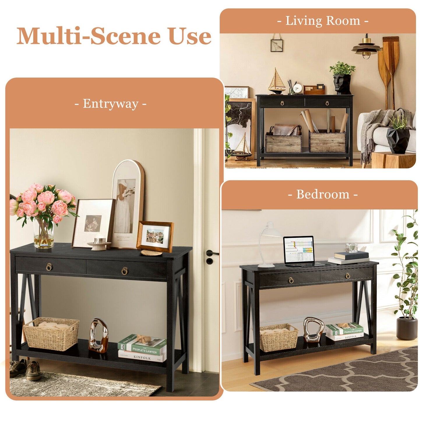 Modern Entryway Console Table with 2 Drawers and Open Storage Shelf – Black