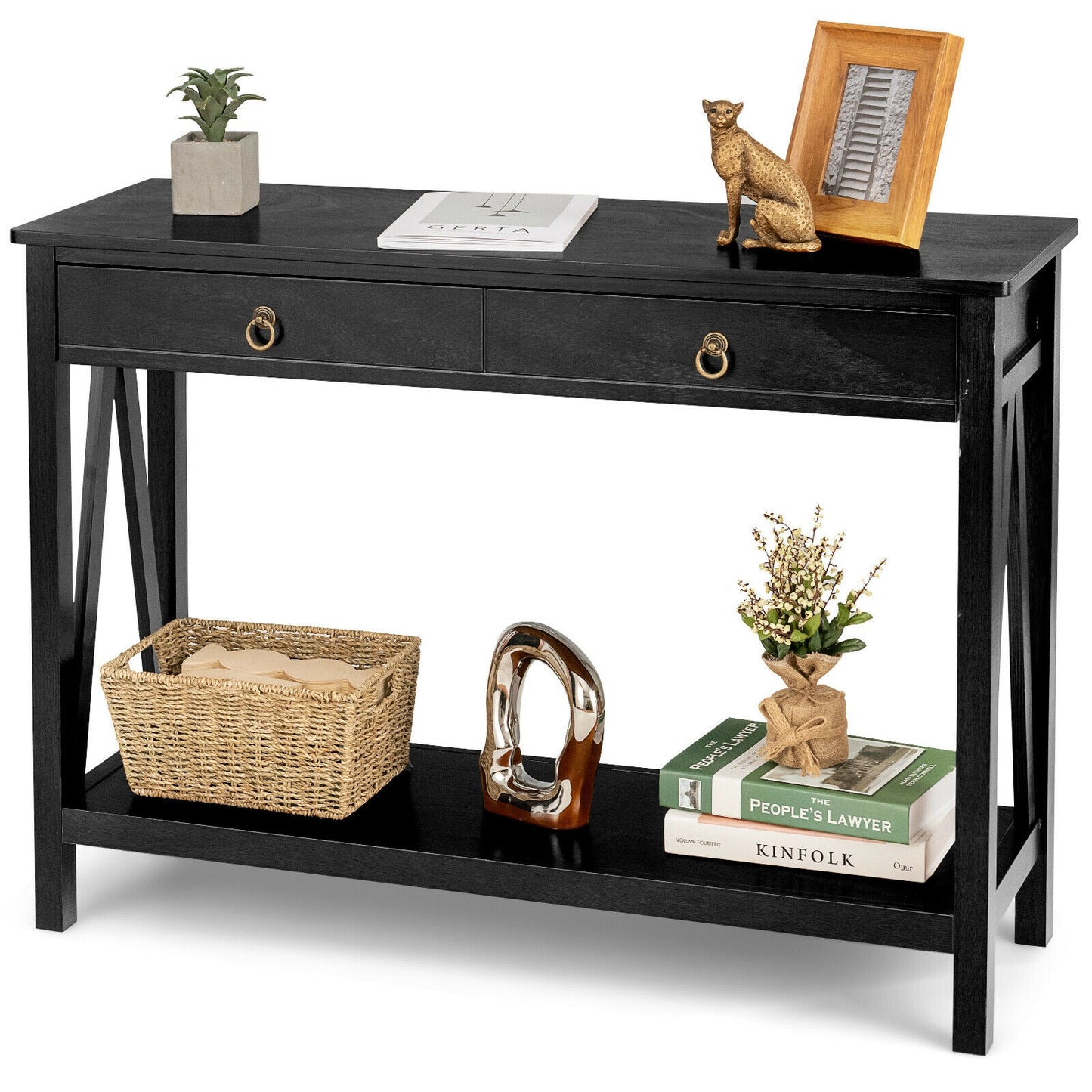 Modern Entryway Console Table with 2 Drawers and Open Storage Shelf – Black