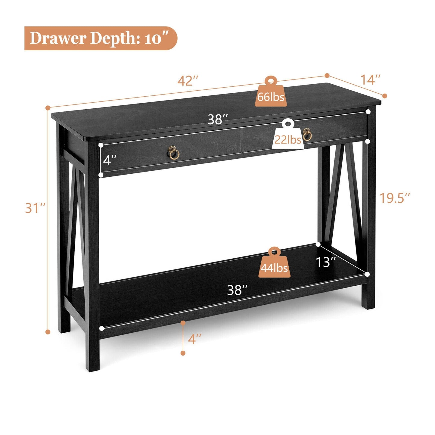 Modern Entryway Console Table with 2 Drawers and Open Storage Shelf – Black