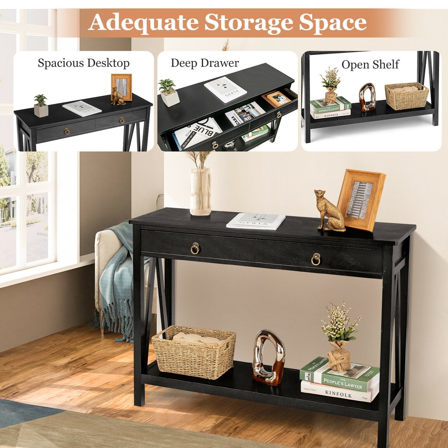 Modern Entryway Console Table with 2 Drawers and Open Storage Shelf – Black