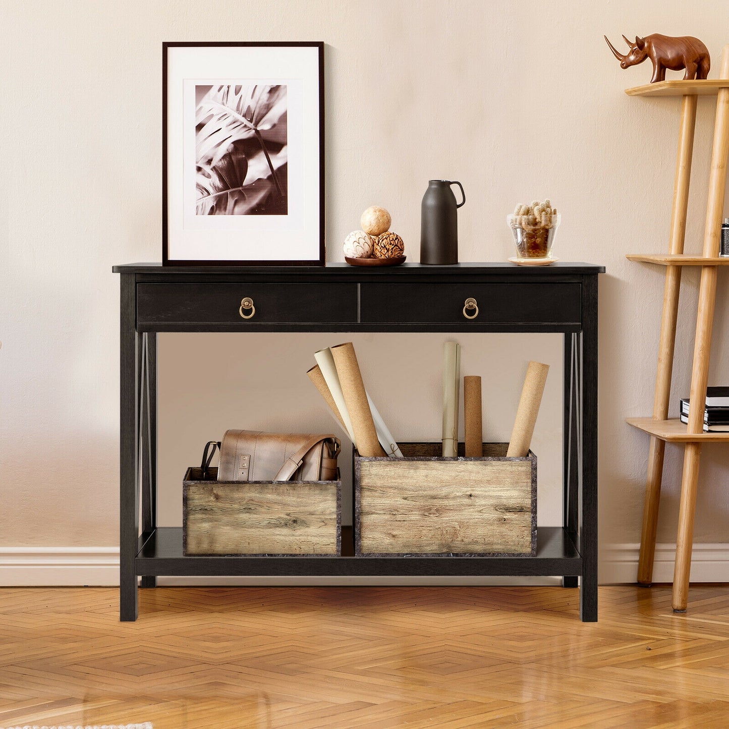 Modern Entryway Console Table with 2 Drawers and Open Storage Shelf – Black