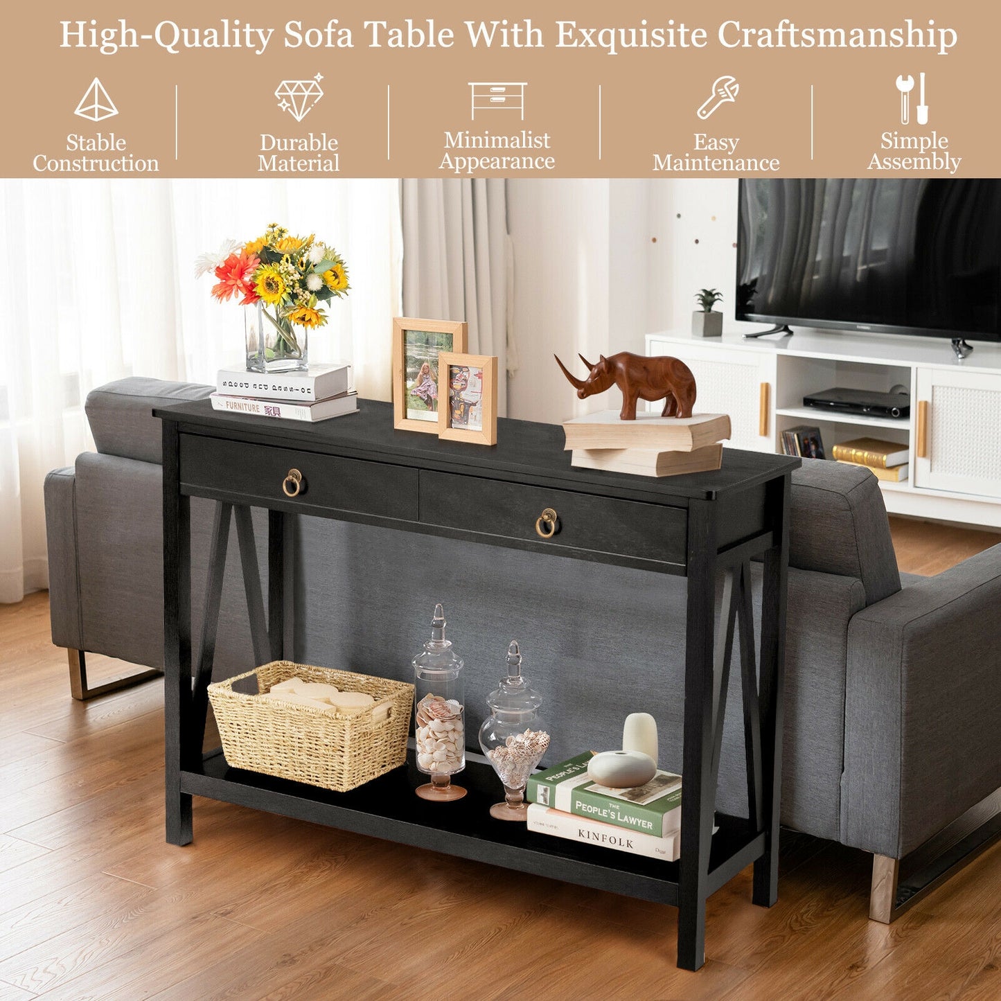 Modern Entryway Console Table with 2 Drawers and Open Storage Shelf – Black