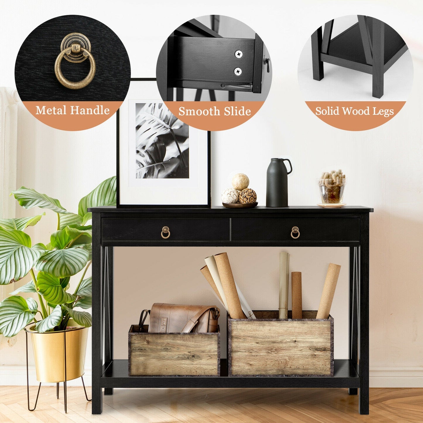Modern Entryway Console Table with 2 Drawers and Open Storage Shelf – Black