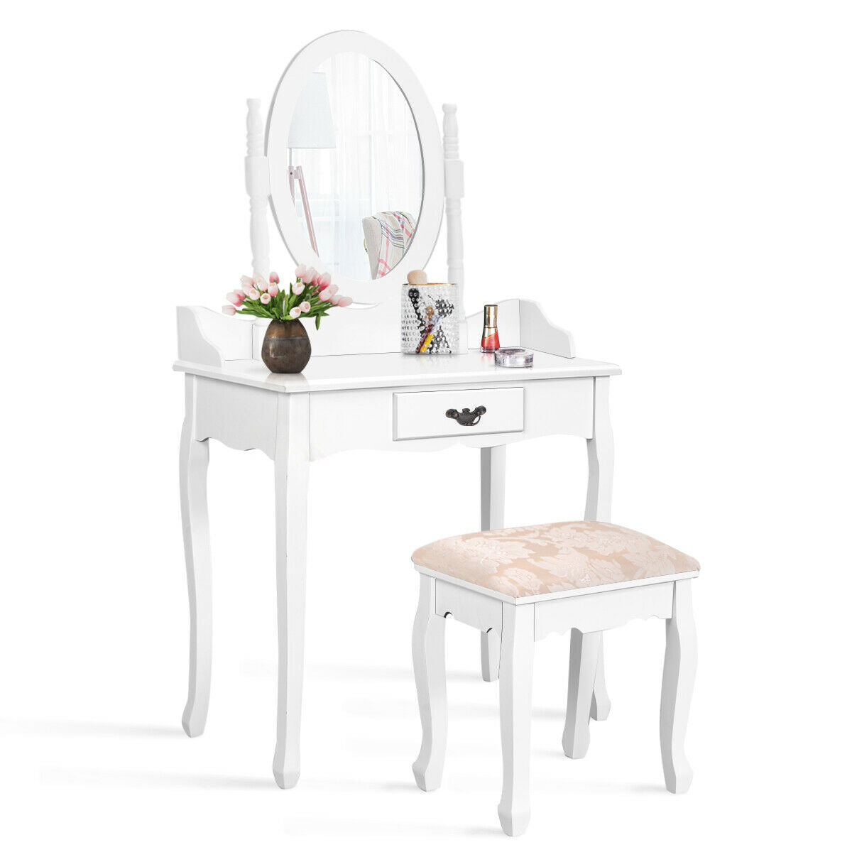 Classic Wooden Vanity Set with Rotating Oval Mirror, Cushioned Stool & Spacious Drawer