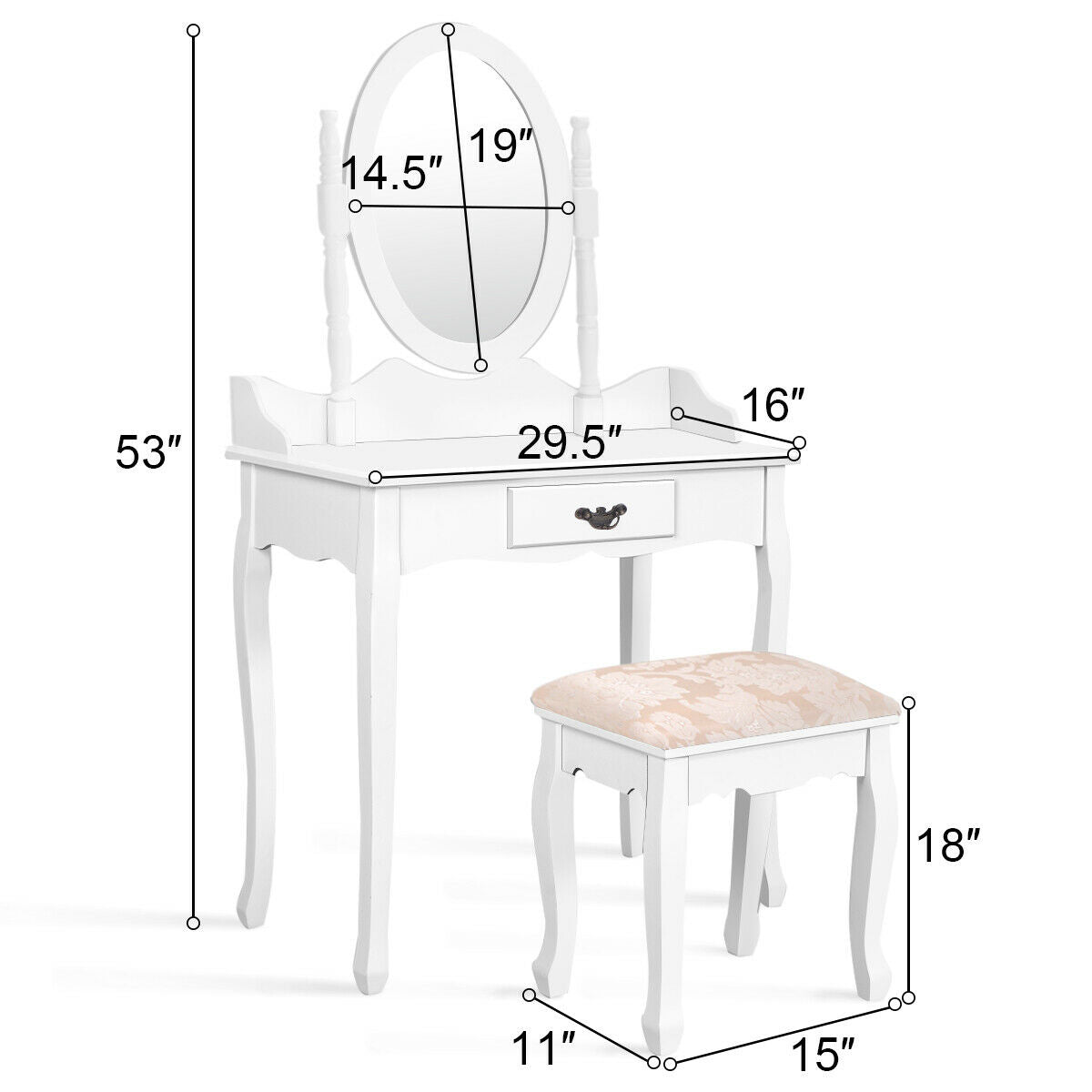 Classic Wooden Vanity Set with Rotating Oval Mirror, Cushioned Stool & Spacious Drawer