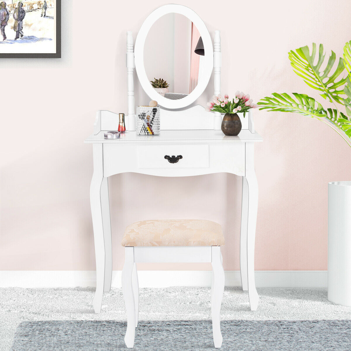 Classic Wooden Vanity Set with Rotating Oval Mirror, Cushioned Stool & Spacious Drawer