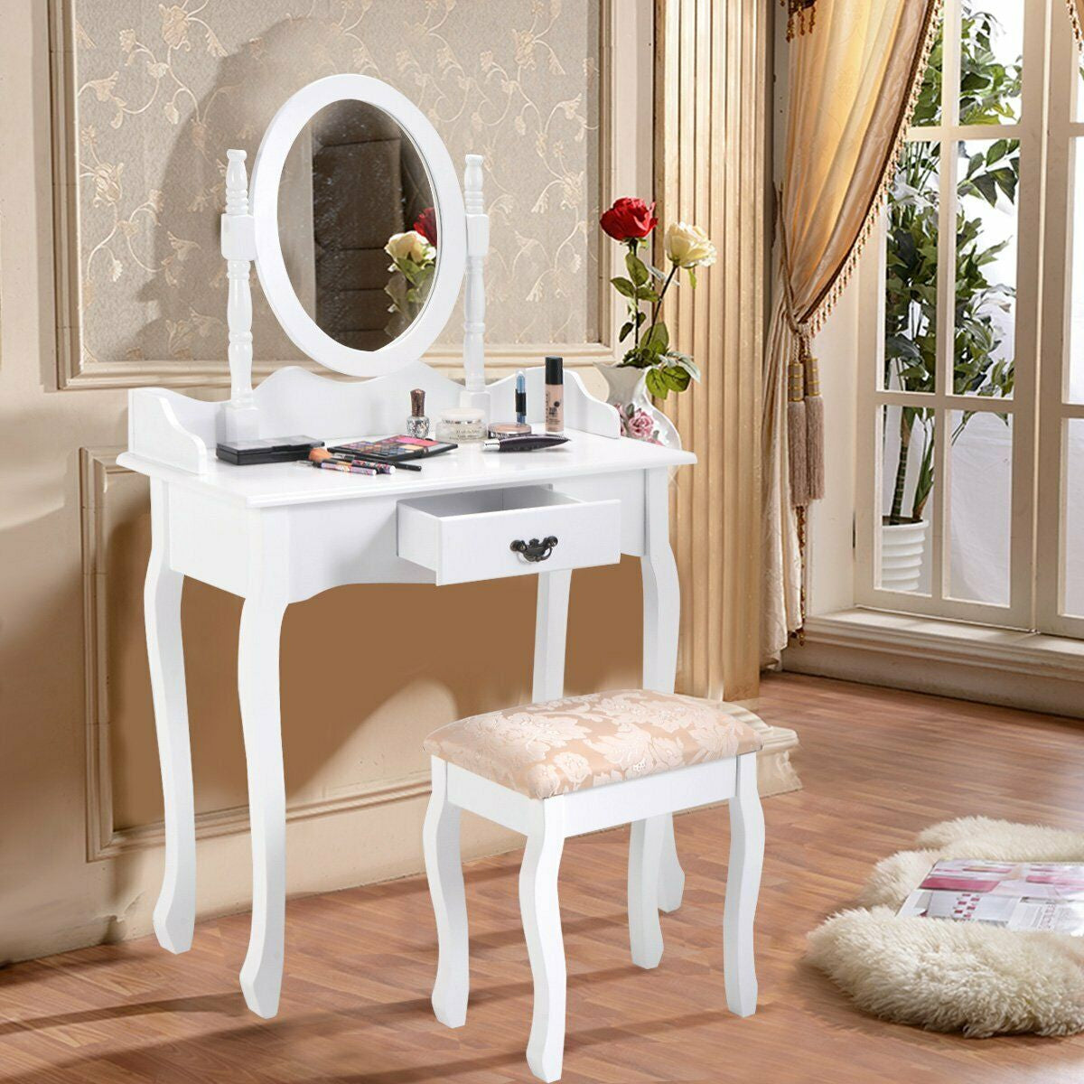 Classic Wooden Vanity Set with Rotating Oval Mirror, Cushioned Stool & Spacious Drawer