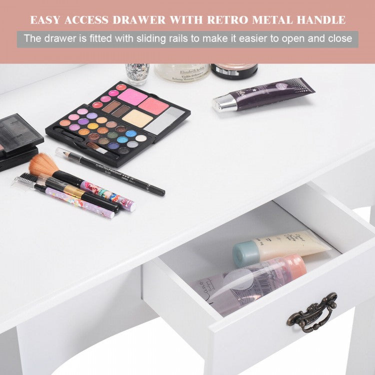 Classic Wooden Vanity Set with Rotating Oval Mirror, Cushioned Stool & Spacious Drawer