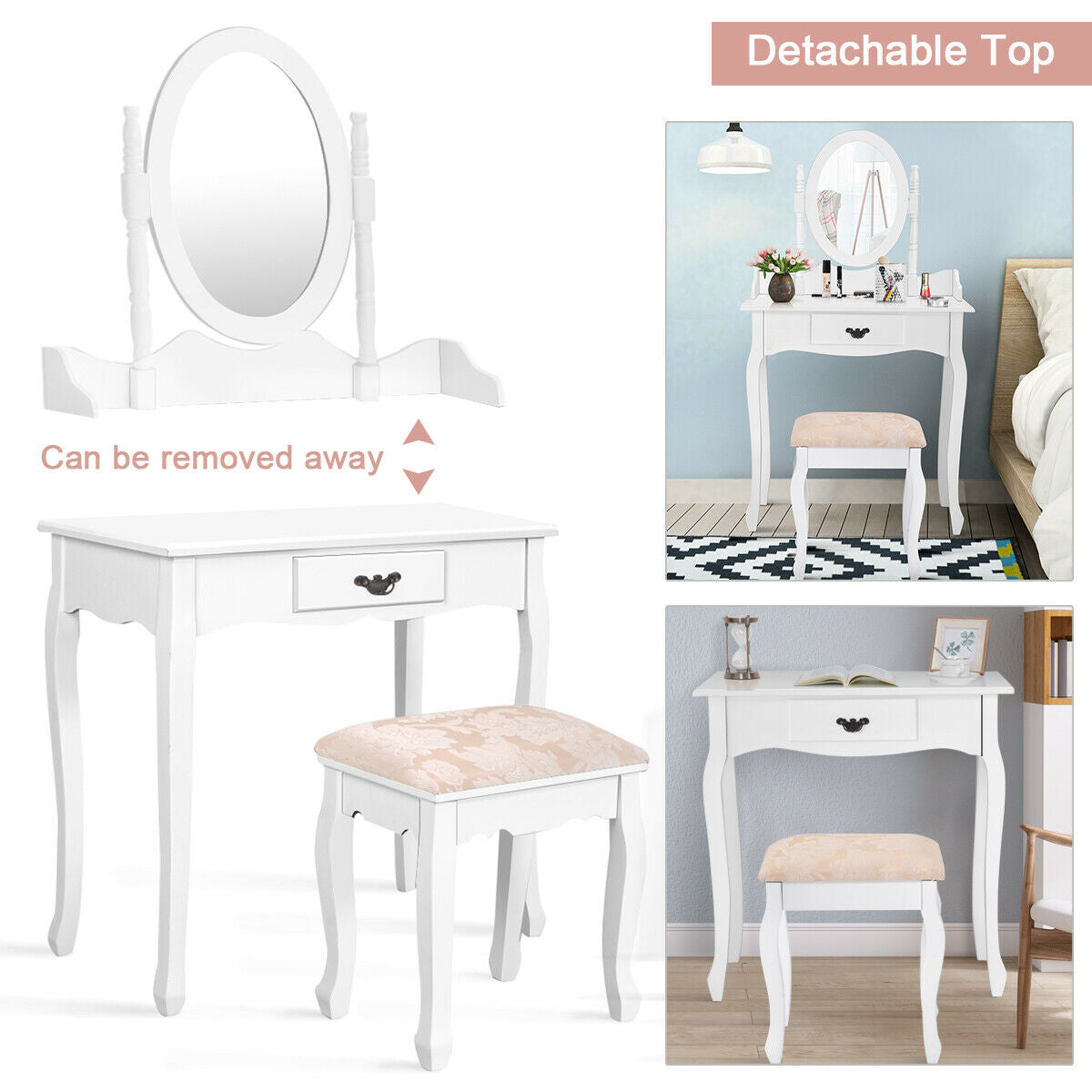Classic Wooden Vanity Set with Rotating Oval Mirror, Cushioned Stool & Spacious Drawer