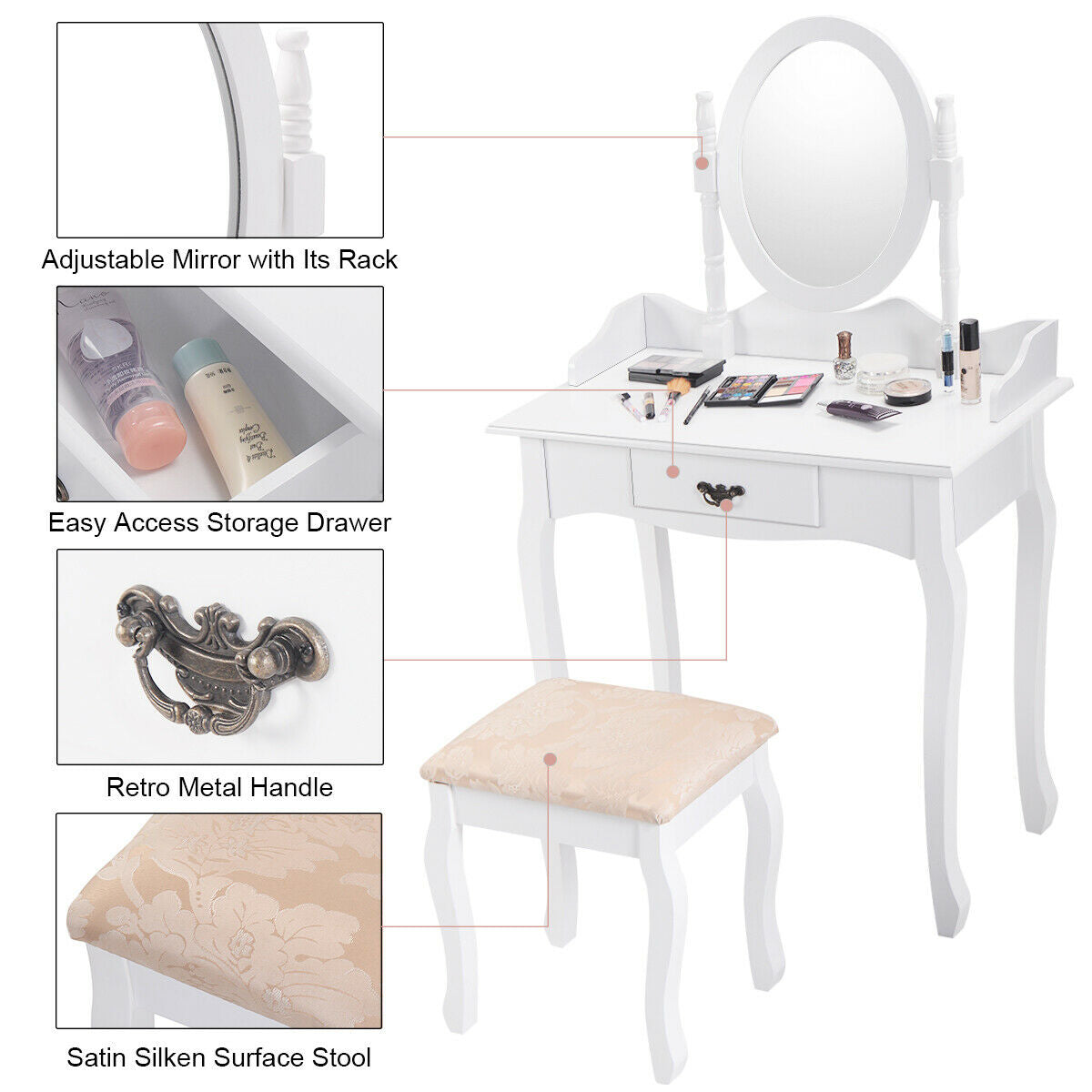 Classic Wooden Vanity Set with Rotating Oval Mirror, Cushioned Stool & Spacious Drawer