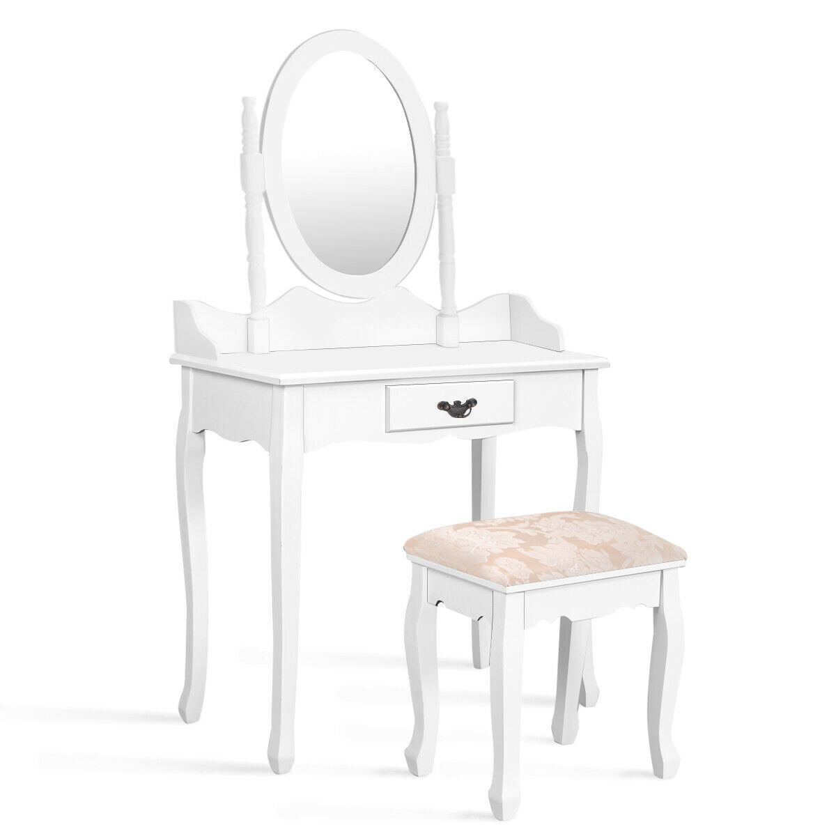 Classic Wooden Vanity Set with Rotating Oval Mirror, Cushioned Stool & Spacious Drawer
