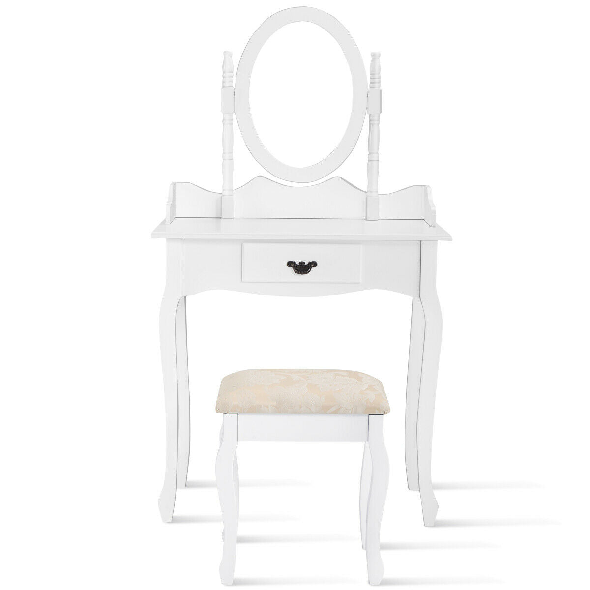 Classic Wooden Vanity Set with Rotating Oval Mirror, Cushioned Stool & Spacious Drawer