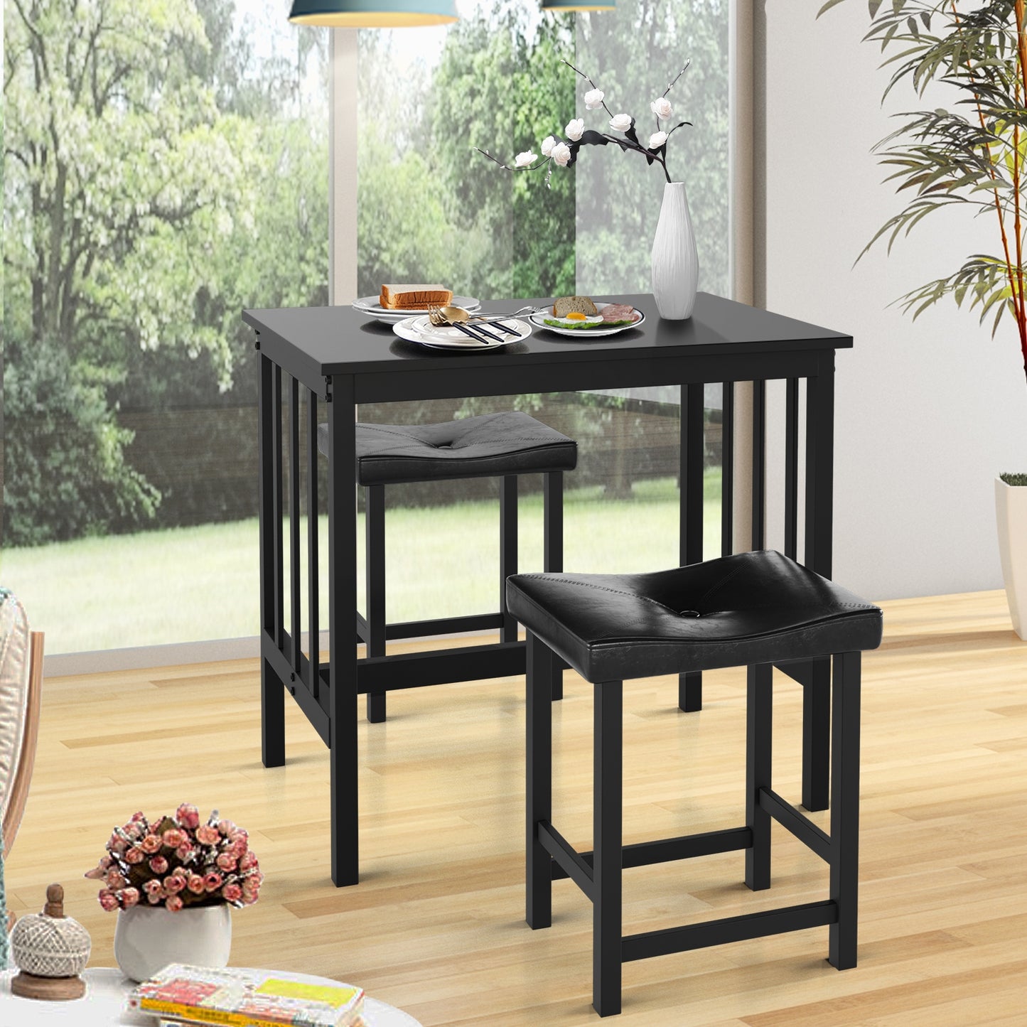 Modern 3-Piece Counter Height Dining Set with Faux Marble Table and Upholstered Stools