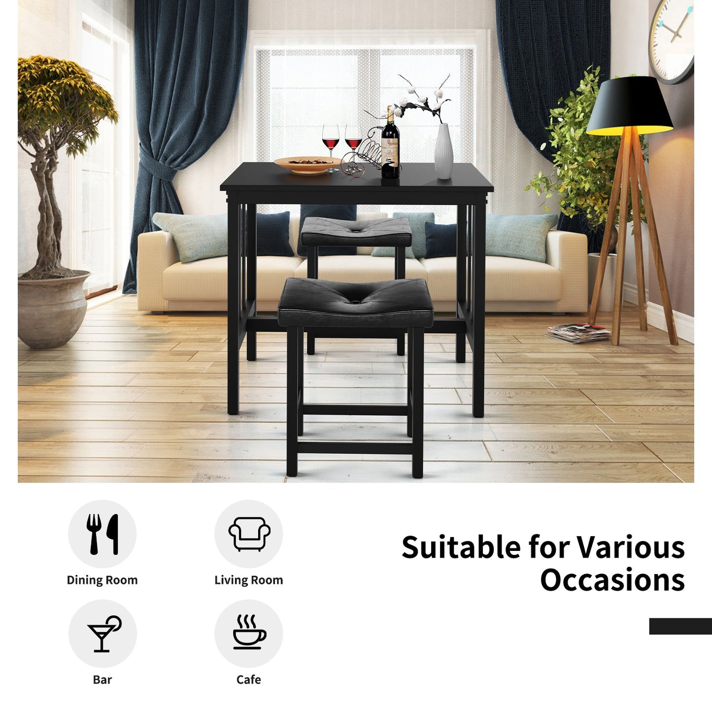Modern 3-Piece Counter Height Dining Set with Faux Marble Table and Upholstered Stools