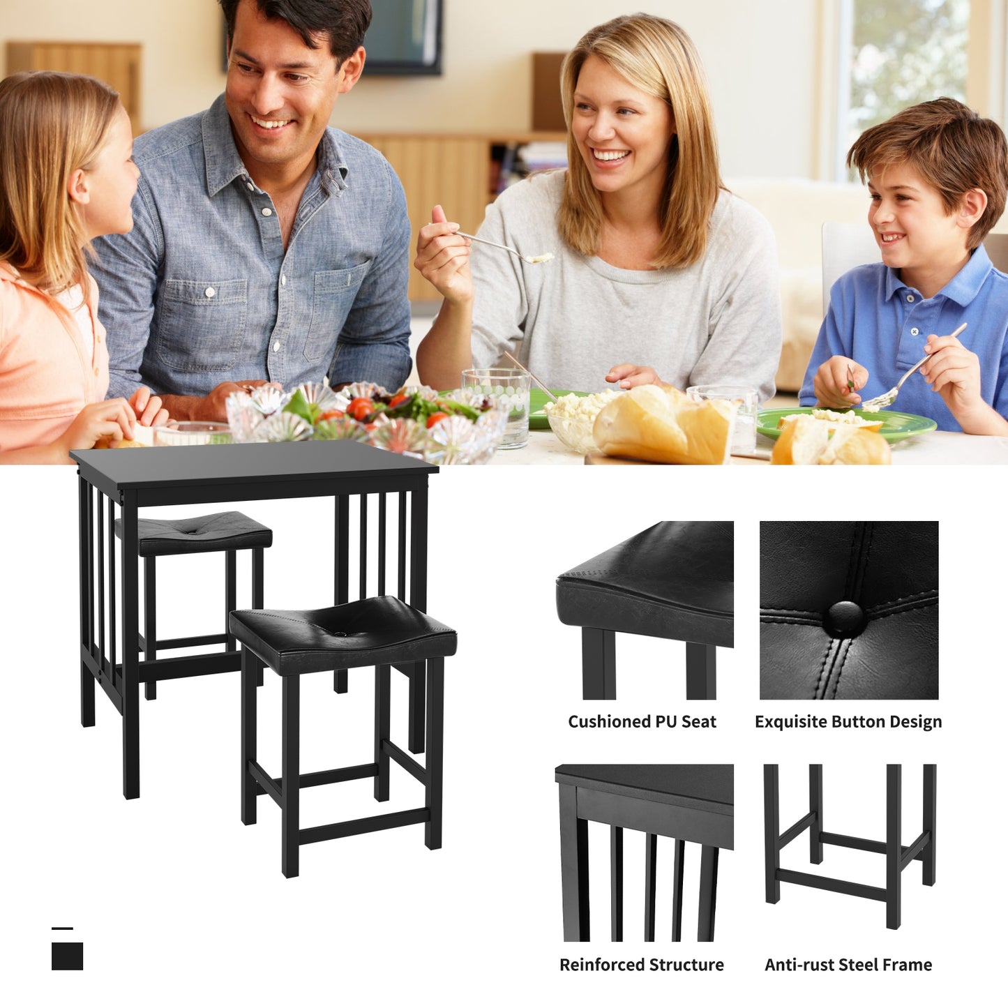 Modern 3-Piece Counter Height Dining Set with Faux Marble Table and Upholstered Stools
