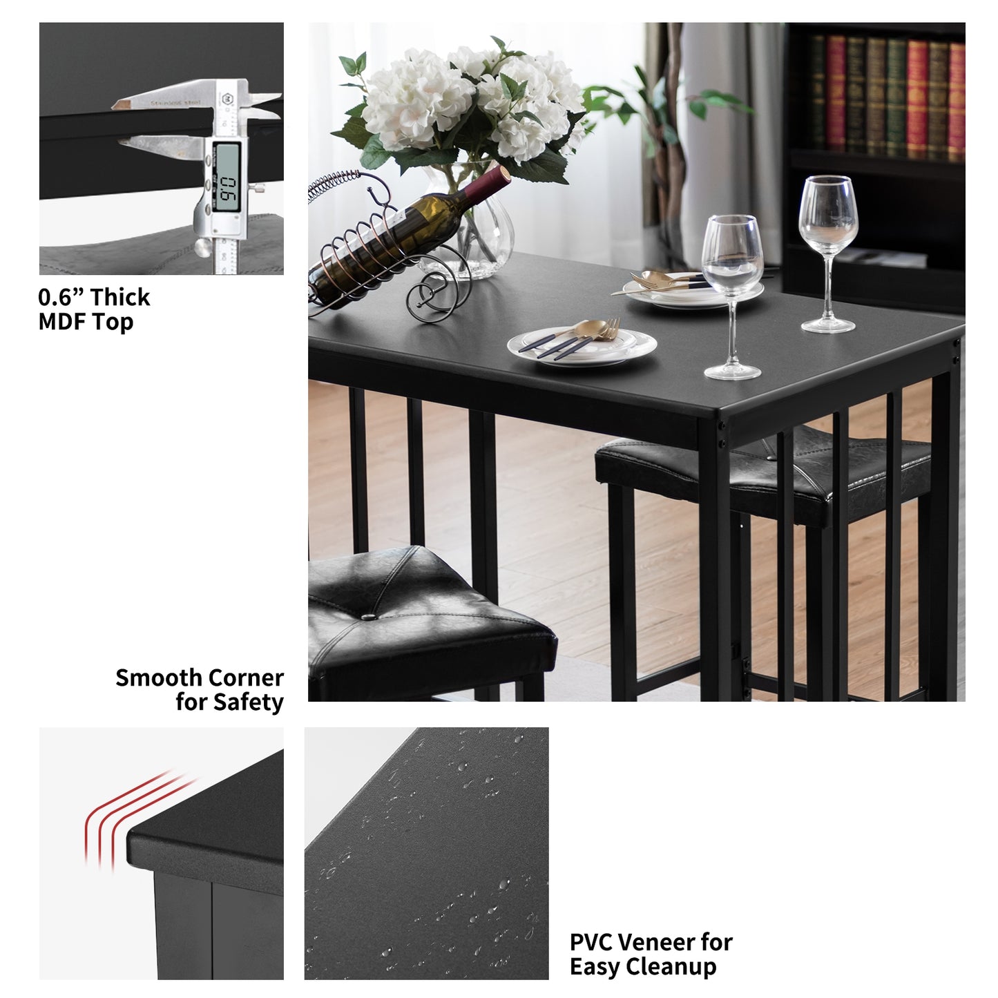 Modern 3-Piece Counter Height Dining Set with Faux Marble Table and Upholstered Stools