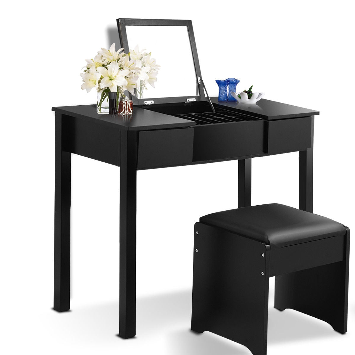 Elegant Vanity Set with Flip Mirror, Built-In Storage, and Comfort Seat – Black