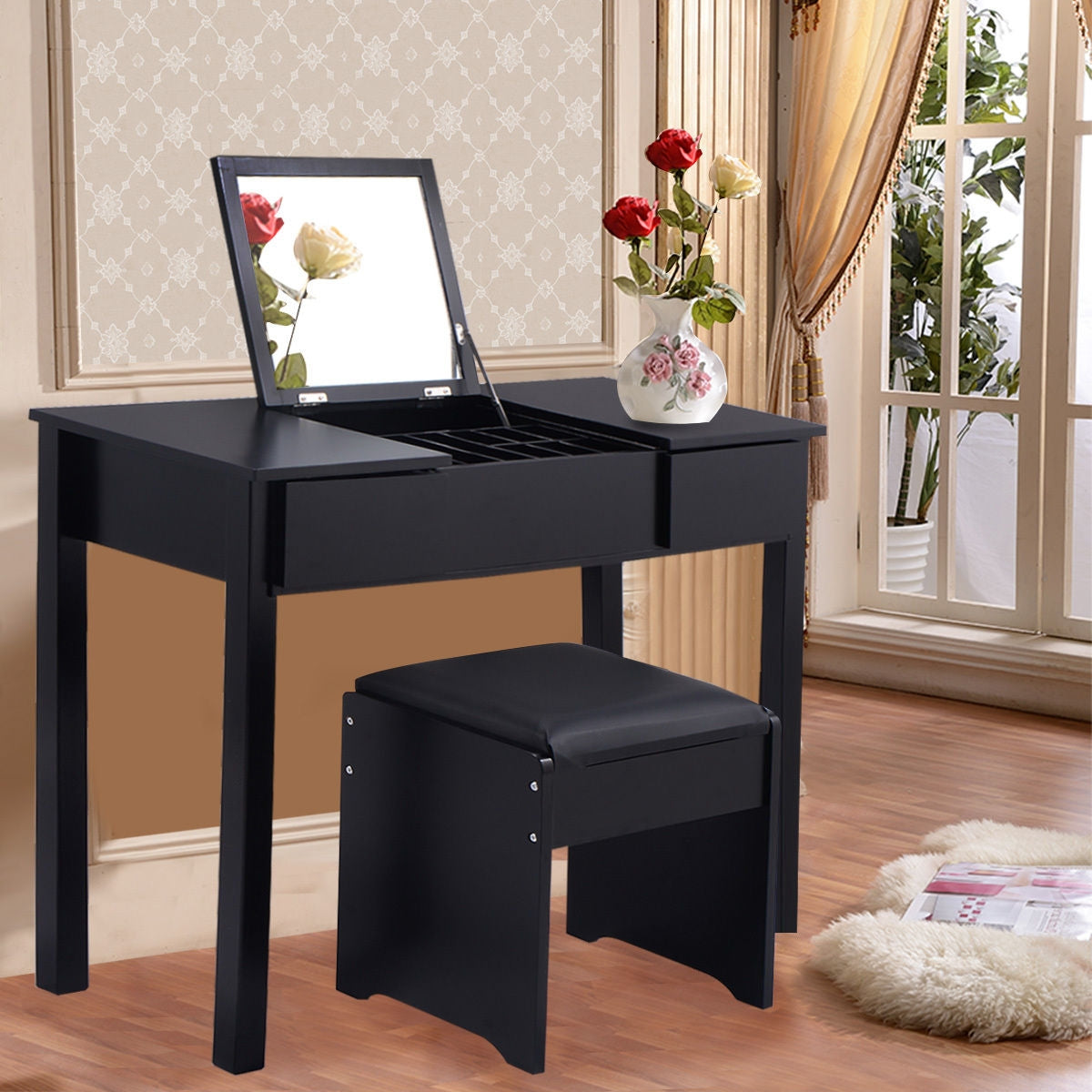 Elegant Vanity Set with Flip Mirror, Built-In Storage, and Comfort Seat – Black