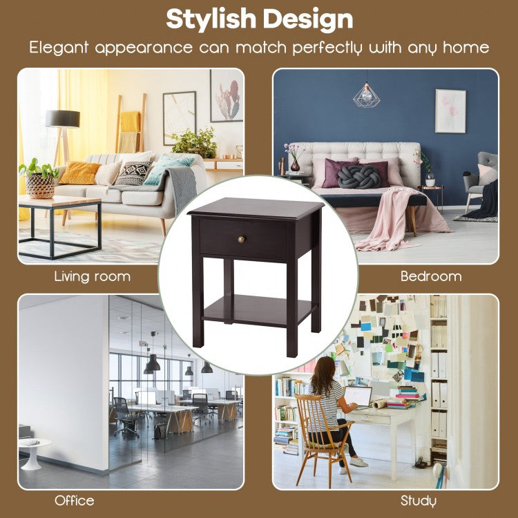 Modern Nightstand with Storage Drawer and Shelf – Brown