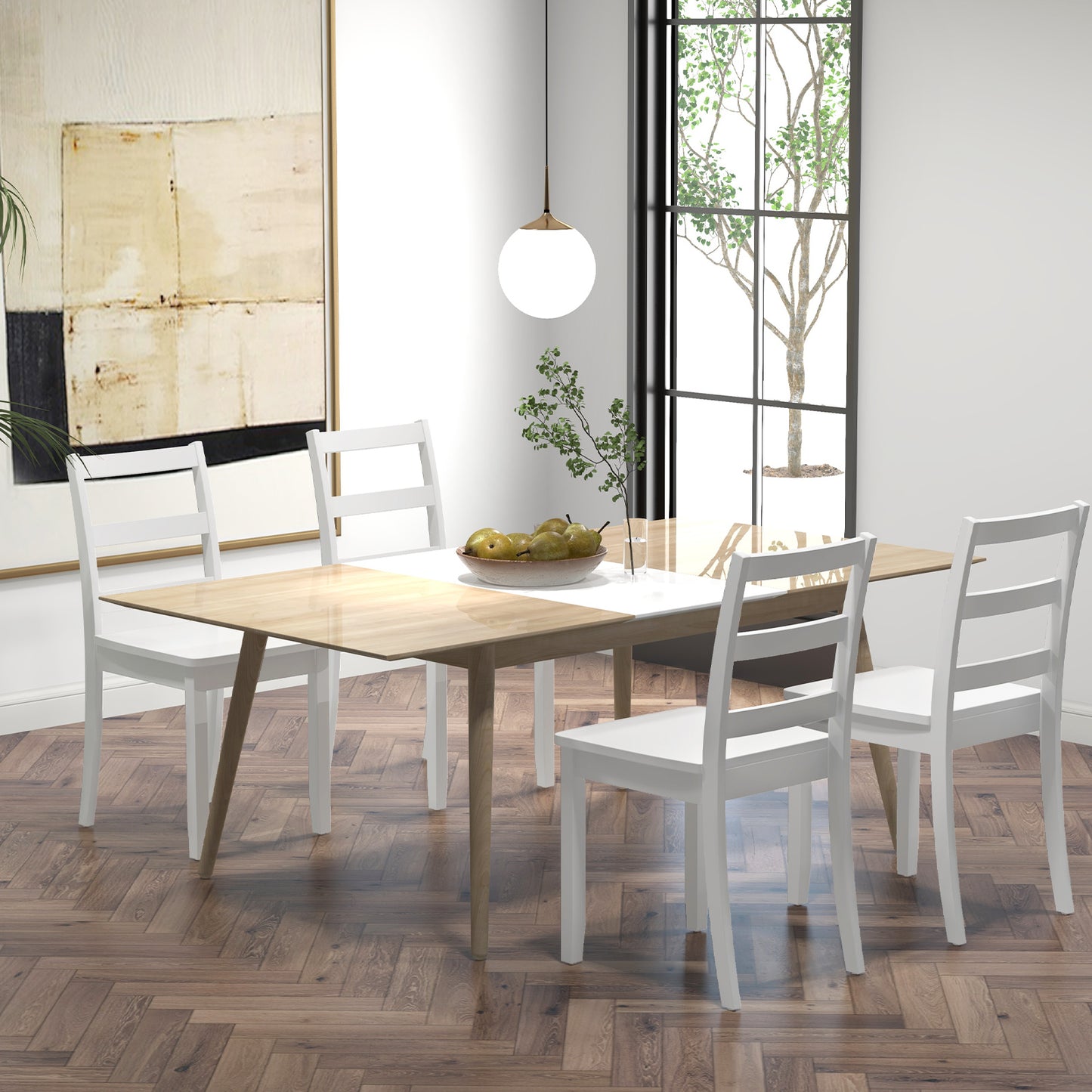 Pair of Dining Chairs with Solid Rubber Wood Legs and Ladder Backrest - White