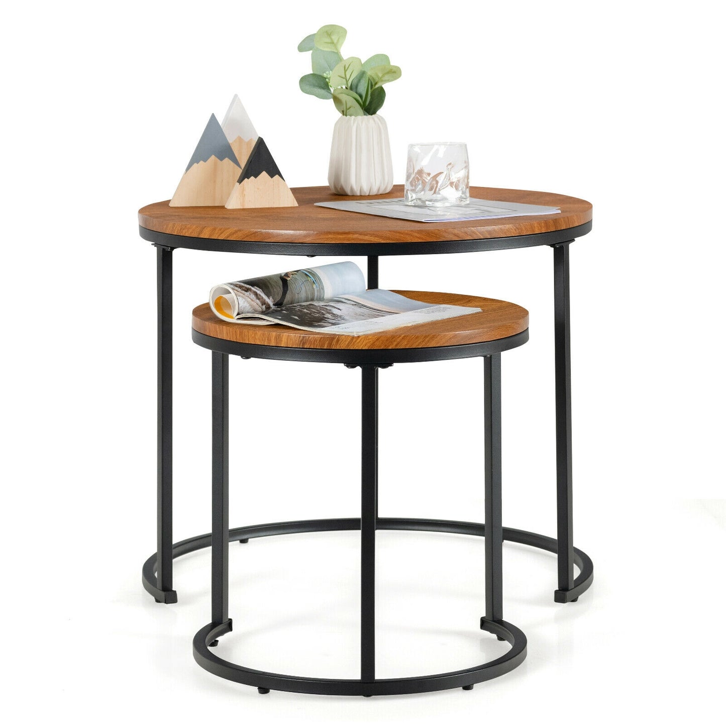 Set of 2 Stacking Round Coffee Tables with Vintage Finish and Metal Frame, Light Brown