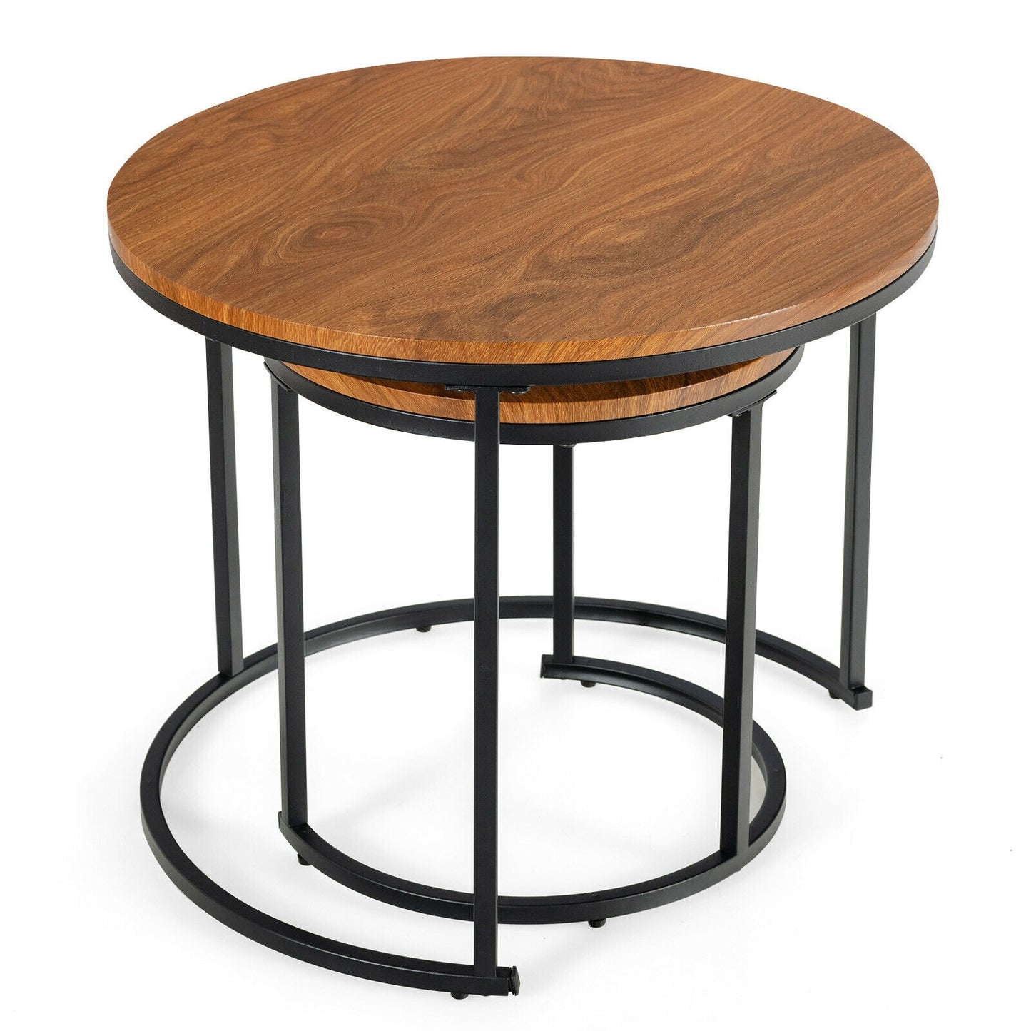Set of 2 Stacking Round Coffee Tables with Vintage Finish and Metal Frame, Light Brown