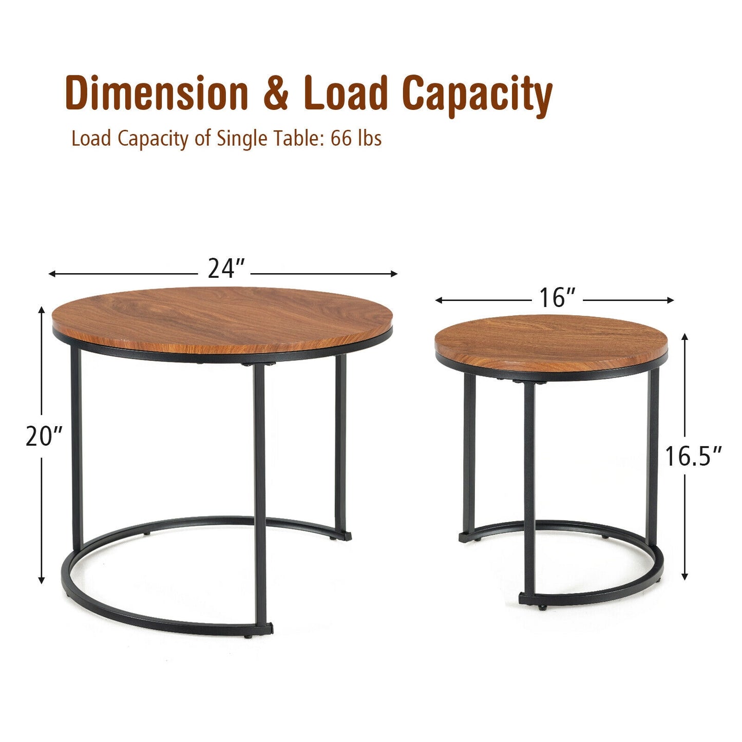 Set of 2 Stacking Round Coffee Tables with Vintage Finish and Metal Frame, Light Brown
