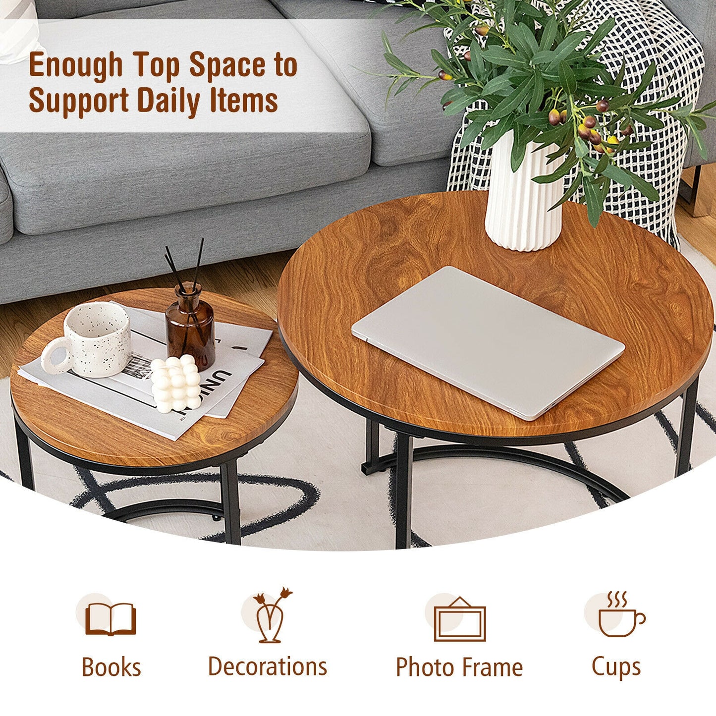 Set of 2 Stacking Round Coffee Tables with Vintage Finish and Metal Frame, Light Brown