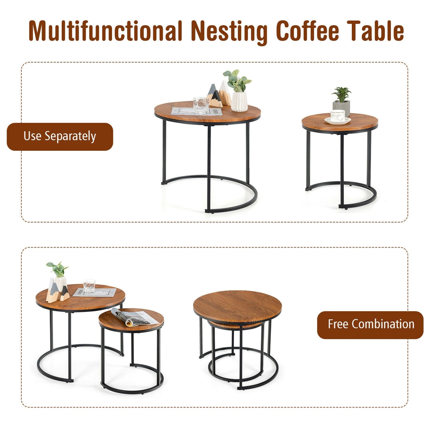 Set of 2 Stacking Round Coffee Tables with Vintage Finish and Metal Frame, Light Brown